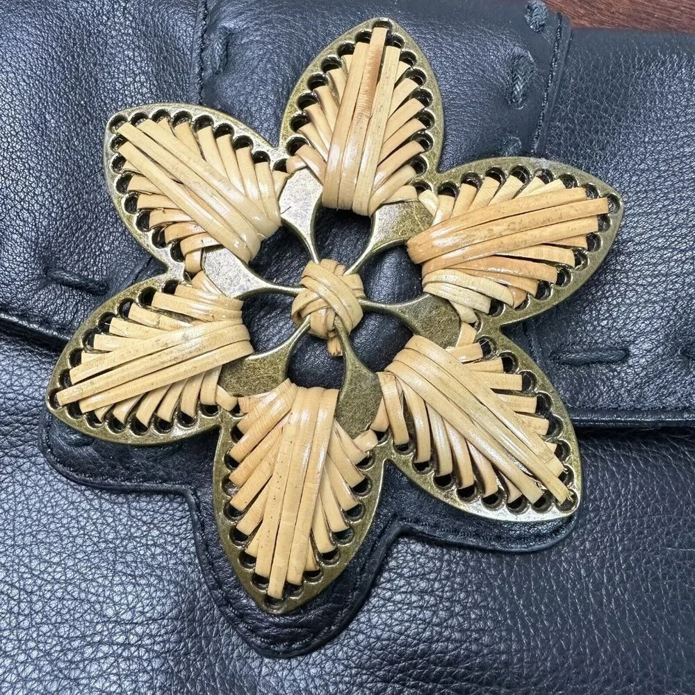 Coldwater Creek Women's Boho Leather Metal Cane Flower Clutch Bag Black Tan NWOT